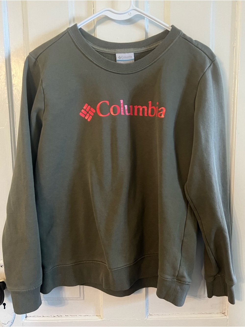 Columbia Olive Green Crewneck Sweatshirt with Pink Logo